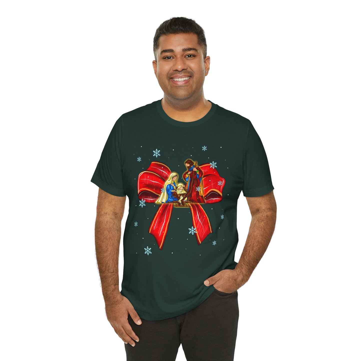 Nativity Scene Christmas Shirt – Coquette Bow Faith Tee, Jesus Holiday Pajama Top