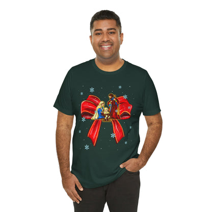 Nativity Scene Christmas Shirt – Coquette Bow Faith Tee, Jesus Holiday Pajama Top