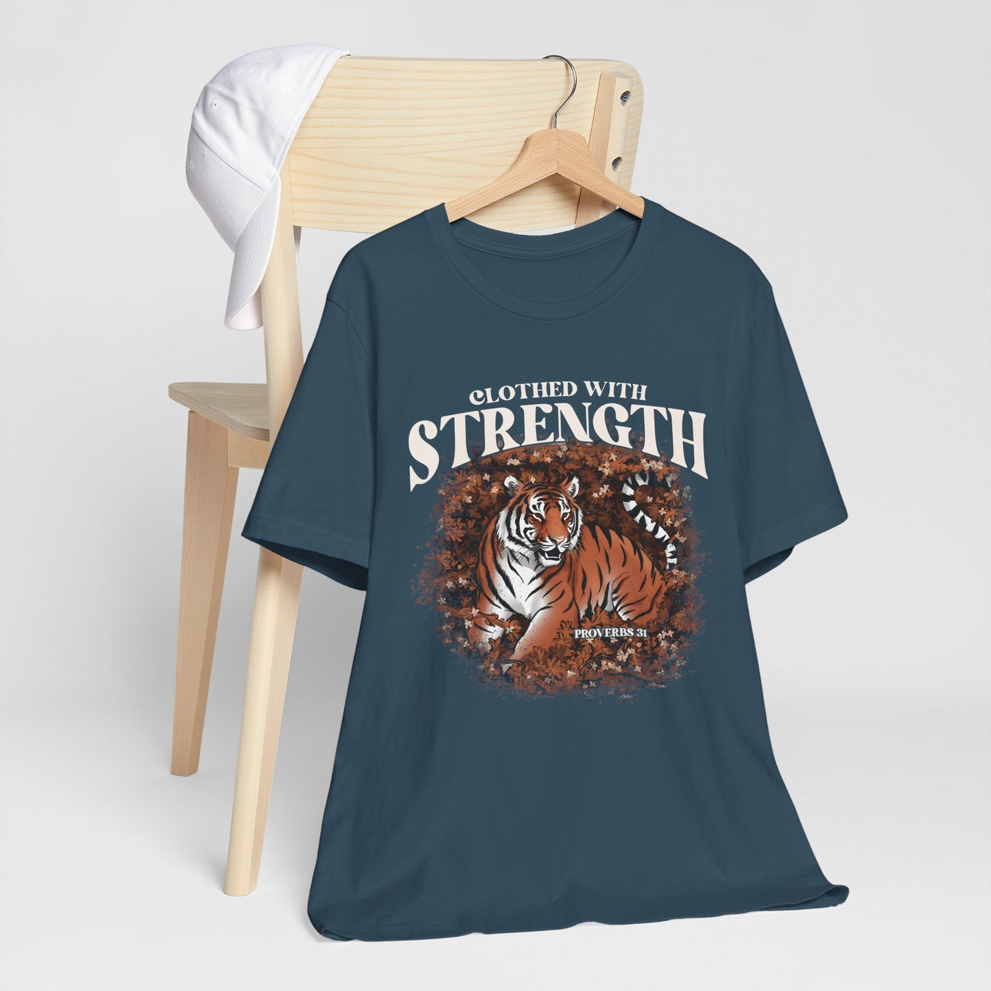 Clothed With Strength Shirt – Christian Tiger Cherry Blossom Proverbs 31:25 Tee
