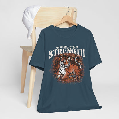 Clothed With Strength Shirt – Christian Tiger Cherry Blossom Proverbs 31:25 Tee