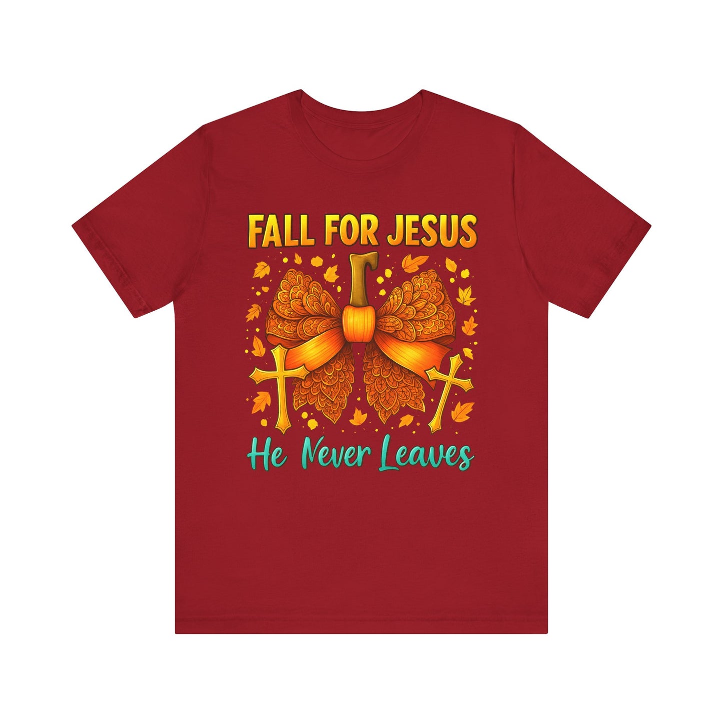 Fall for Jesus He Never Leaves Shirt – Christian Pumpkin Bow Thanksgiving Tee