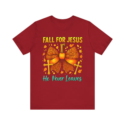 Fall for Jesus He Never Leaves Shirt – Christian Pumpkin Bow Thanksgiving Tee