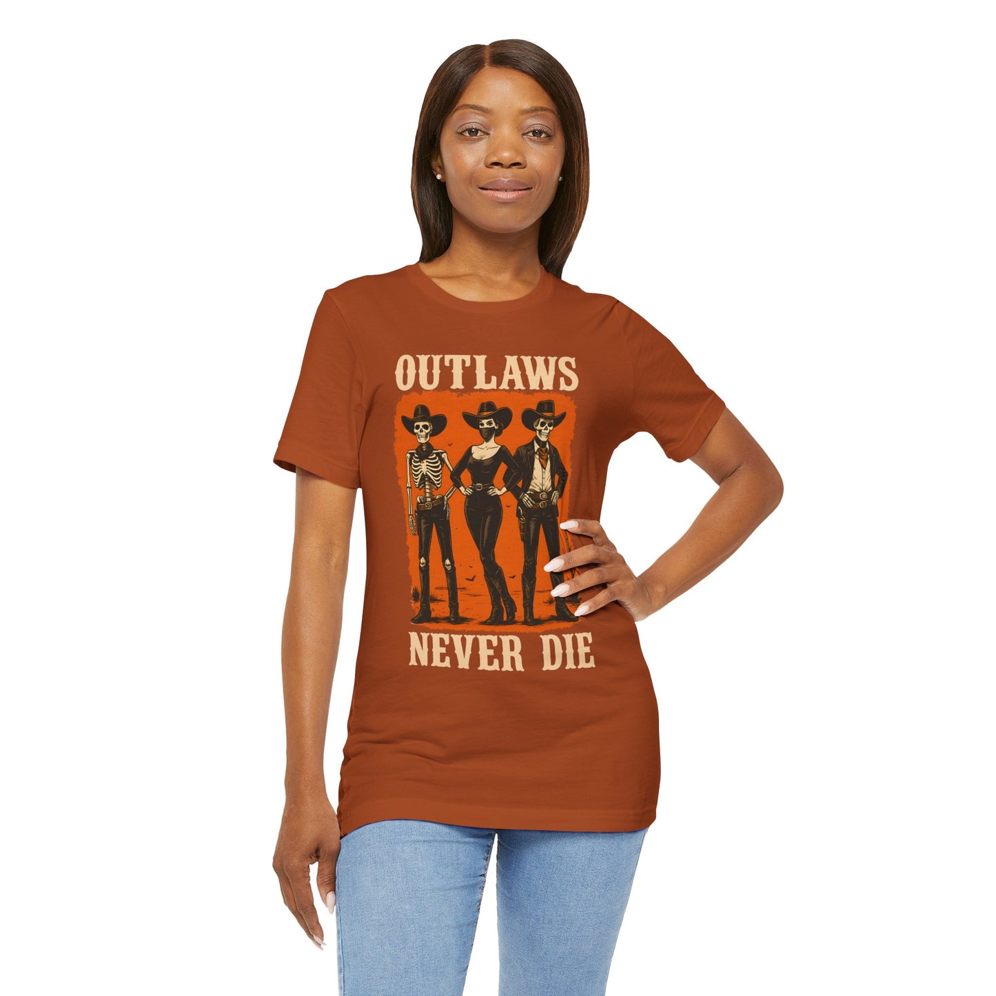 Outlaws Never Die Shirt – Gothic Western Skeleton Cowboy Halloween Tee