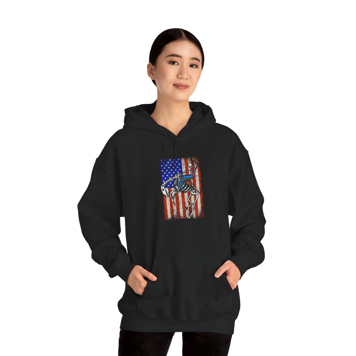 US Flag Skeleton Cowboy Hoodie – Western Horse Riding Rodeo Pullover