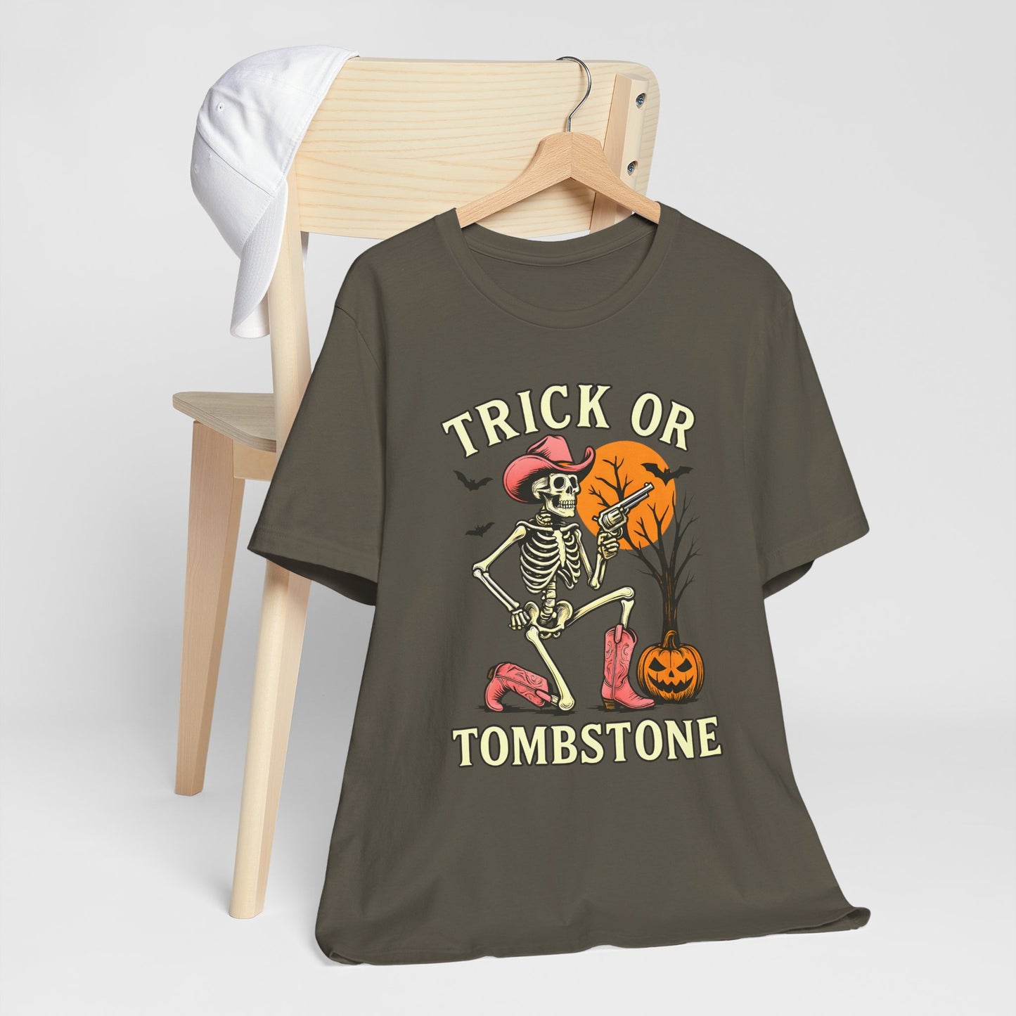 Trick or Tombstone Shirt Funny Skeleton Cowboy Halloween Tee, Spooky Western Rodeo Outfit