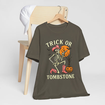 Trick or Tombstone Shirt Funny Skeleton Cowboy Halloween Tee, Spooky Western Rodeo Outfit