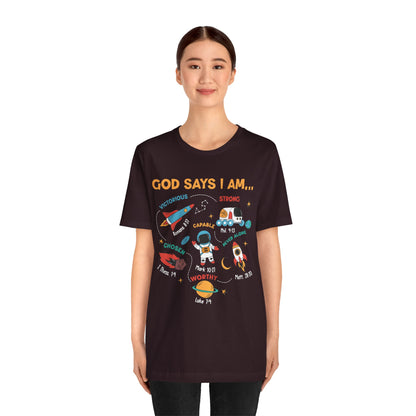 God Says I Am Kids Shirt – Christian Astronaut Space Galaxy Bible Affirmation Tee