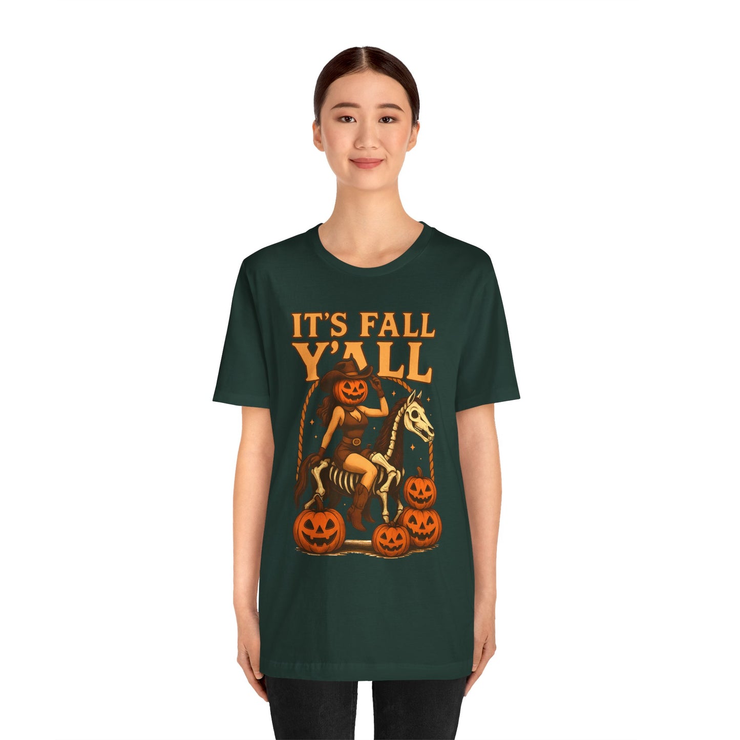 It’s Fall Y’all Shirt – Pumpkin Head Cowgirl Skeleton Horse Western Tee