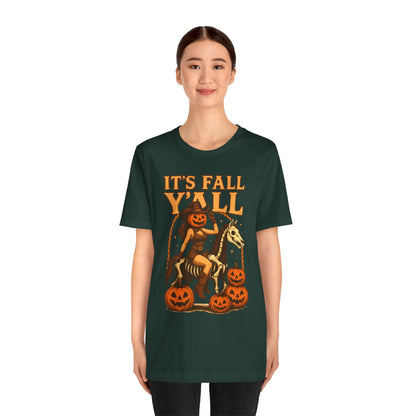 It’s Fall Y’all Shirt – Pumpkin Head Cowgirl Skeleton Horse Western Tee