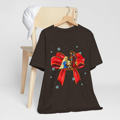 Nativity Scene Christmas Shirt – Coquette Bow Faith Tee, Jesus Holiday Pajama Top