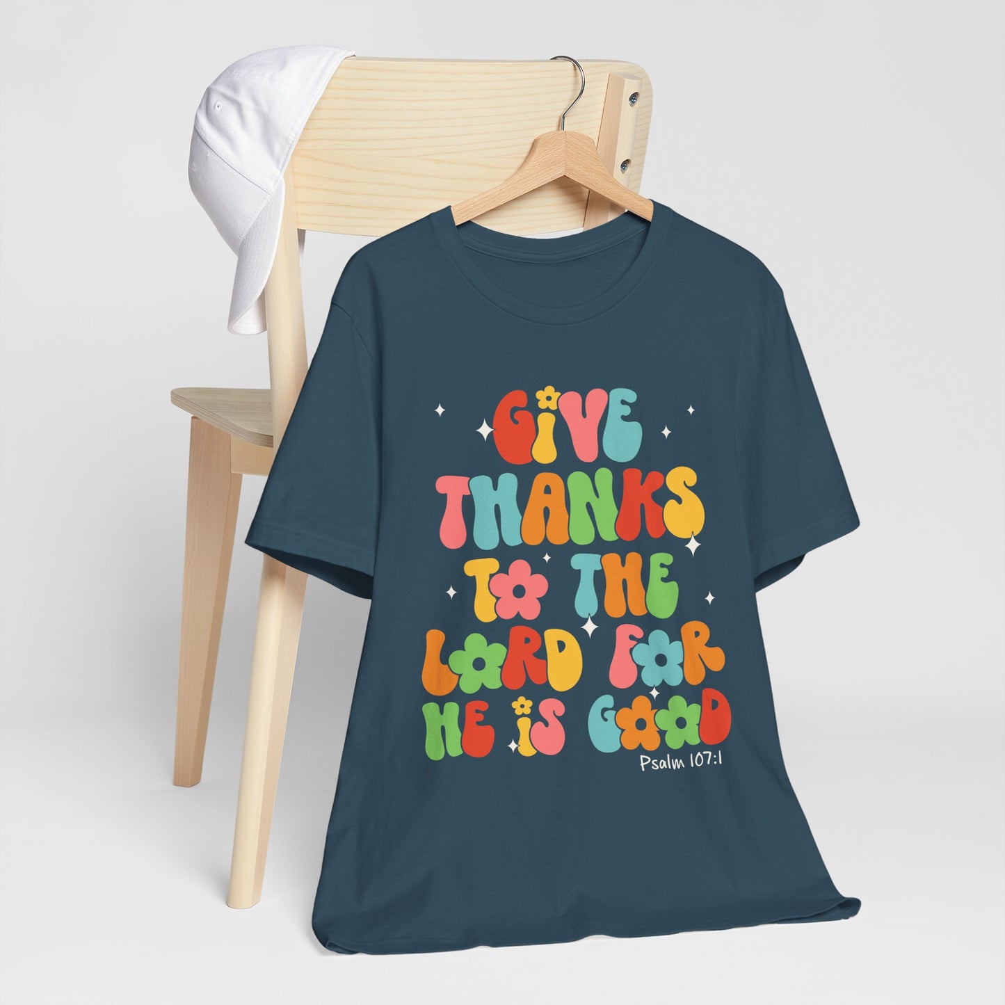 Give Thanks to the Lord Shirt – Groovy Psalm 107:1 Christian Bible Verse Tee