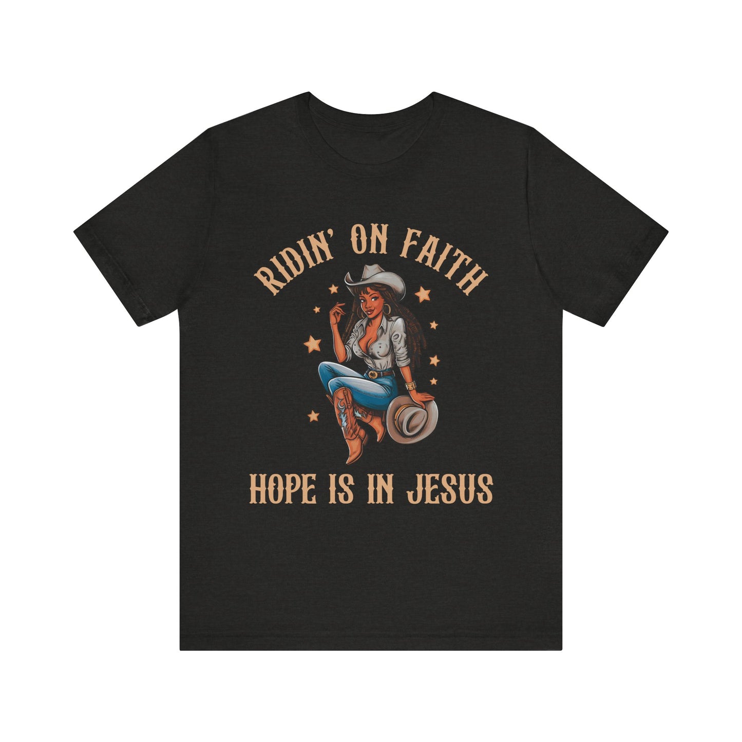 Ridin’ On Faith Cowgirl Shirt – Black Christian Western Jesus Tee