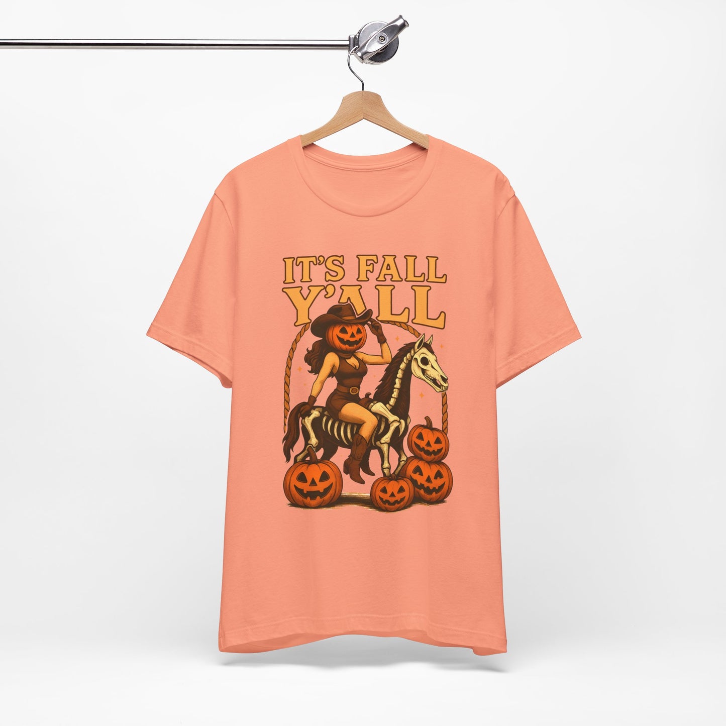 It’s Fall Y’all Shirt – Pumpkin Head Cowgirl Skeleton Horse Western Tee