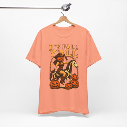 It’s Fall Y’all Shirt – Pumpkin Head Cowgirl Skeleton Horse Western Tee