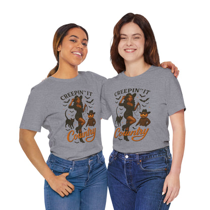 Creepin’ It Country Shirt – Spooky Cowgirl Pumpkin Western Halloween Tee