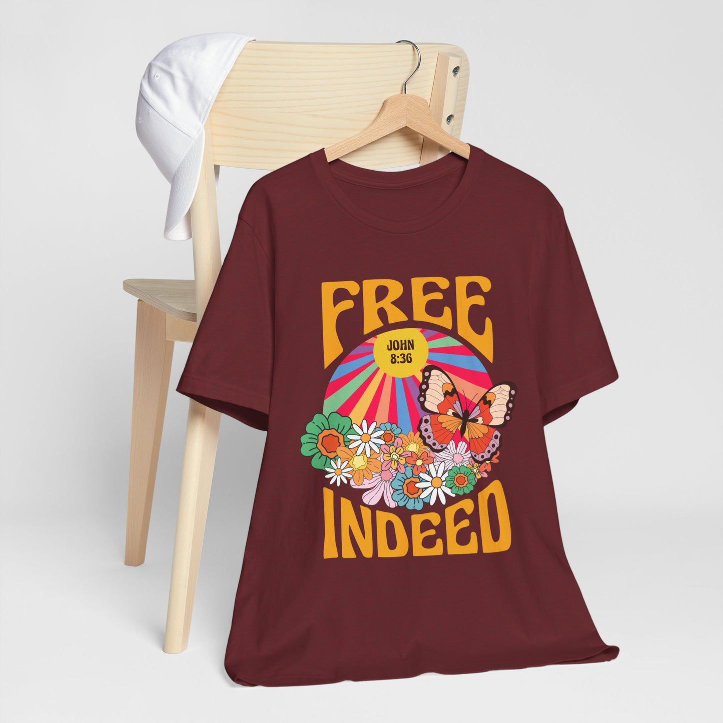 Free Indeed Shirt – Retro Flowers & Butterflies 80s John 8:36 Christian Tee