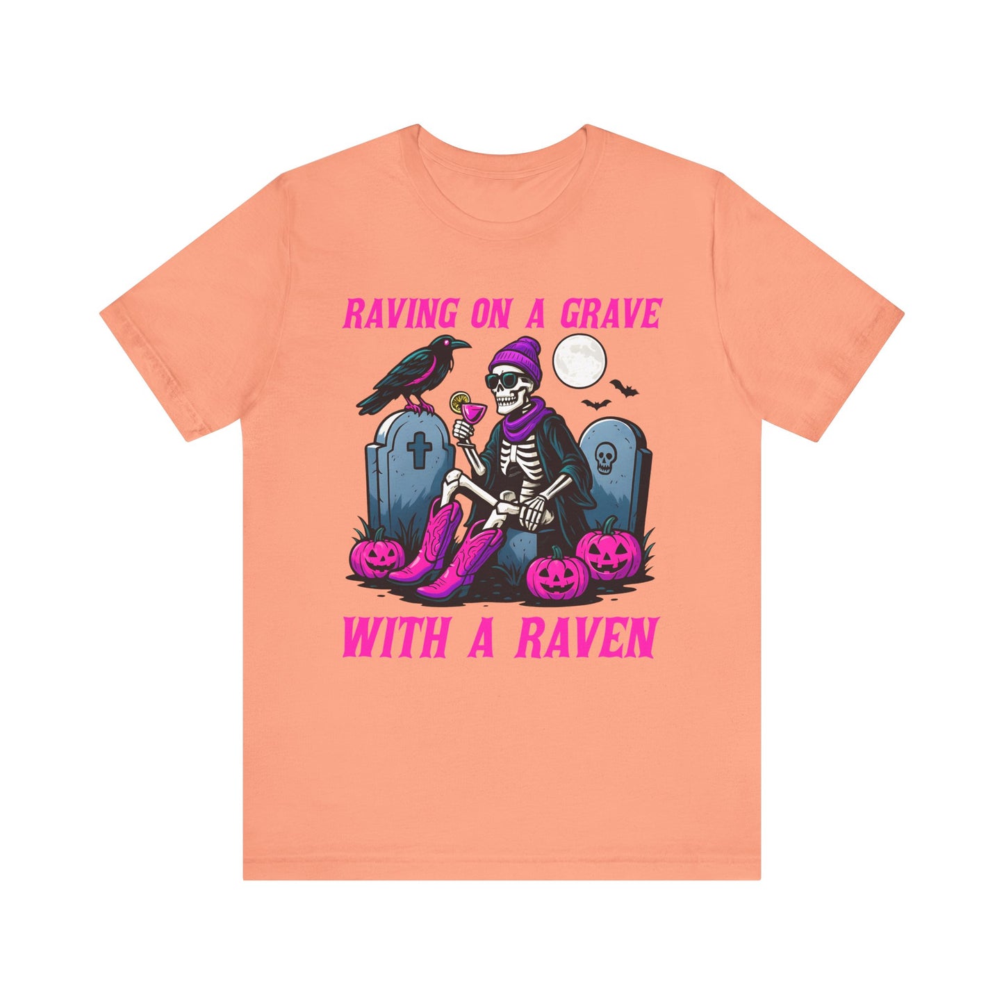Raving on a Grave Shirt – Halloween Skeleton Raven Gothic Party Tee