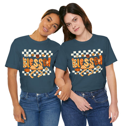Blessed Checkerboard Pumpkin Shirt – Christian Thankful Fall Thanksgiving Tee