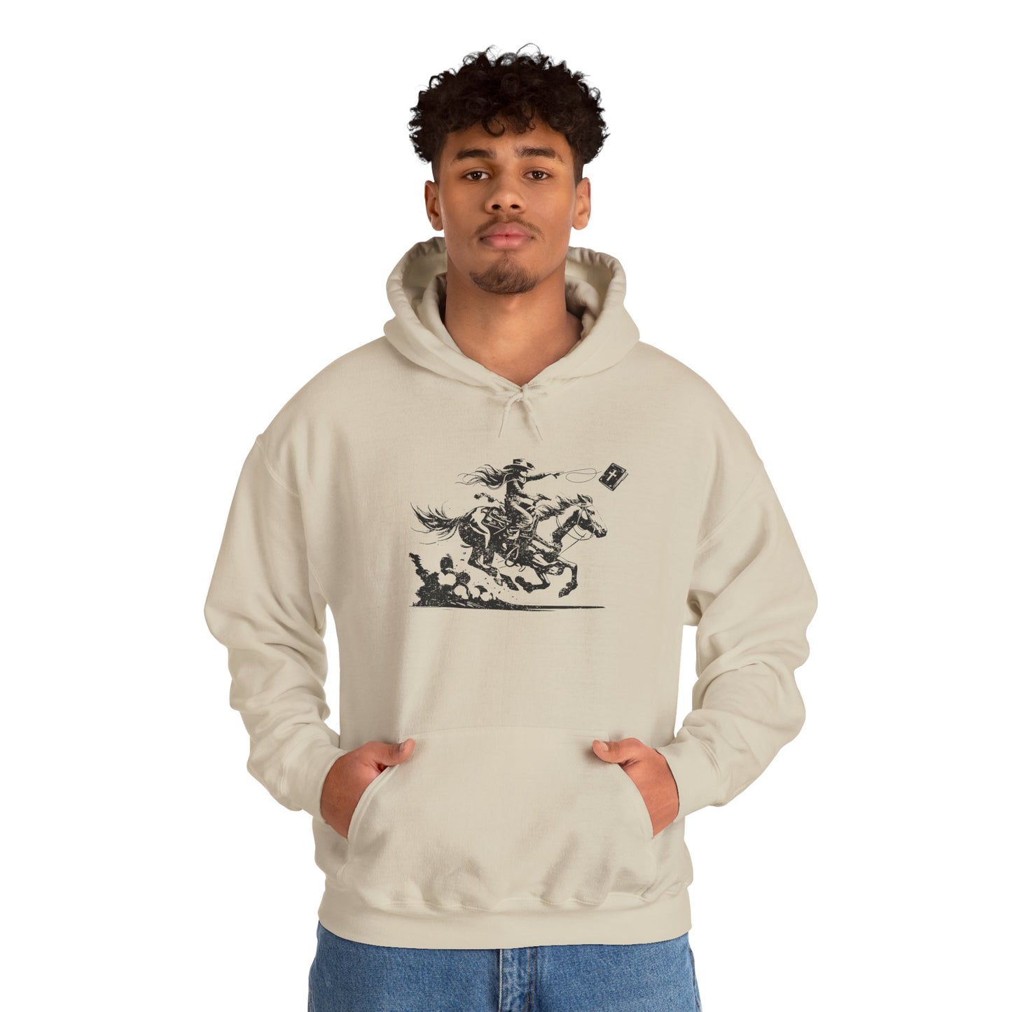 Cowgirl Riding Horse Hoodie – Christian Scripture Western Rodeo Texas Pullover