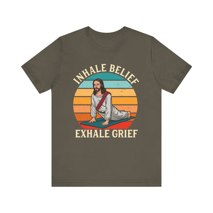 Jesus Inhale Belief Exhale Grief Shirt – Christian Yoga Retro Faith Wellness Tee