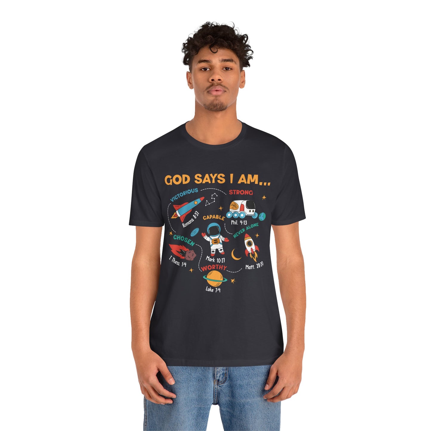 God Says I Am Kids Shirt – Christian Astronaut Space Galaxy Bible Affirmation Tee