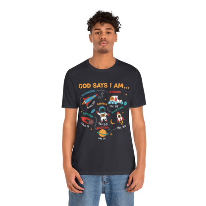 God Says I Am Kids Shirt – Christian Astronaut Space Galaxy Bible Affirmation Tee