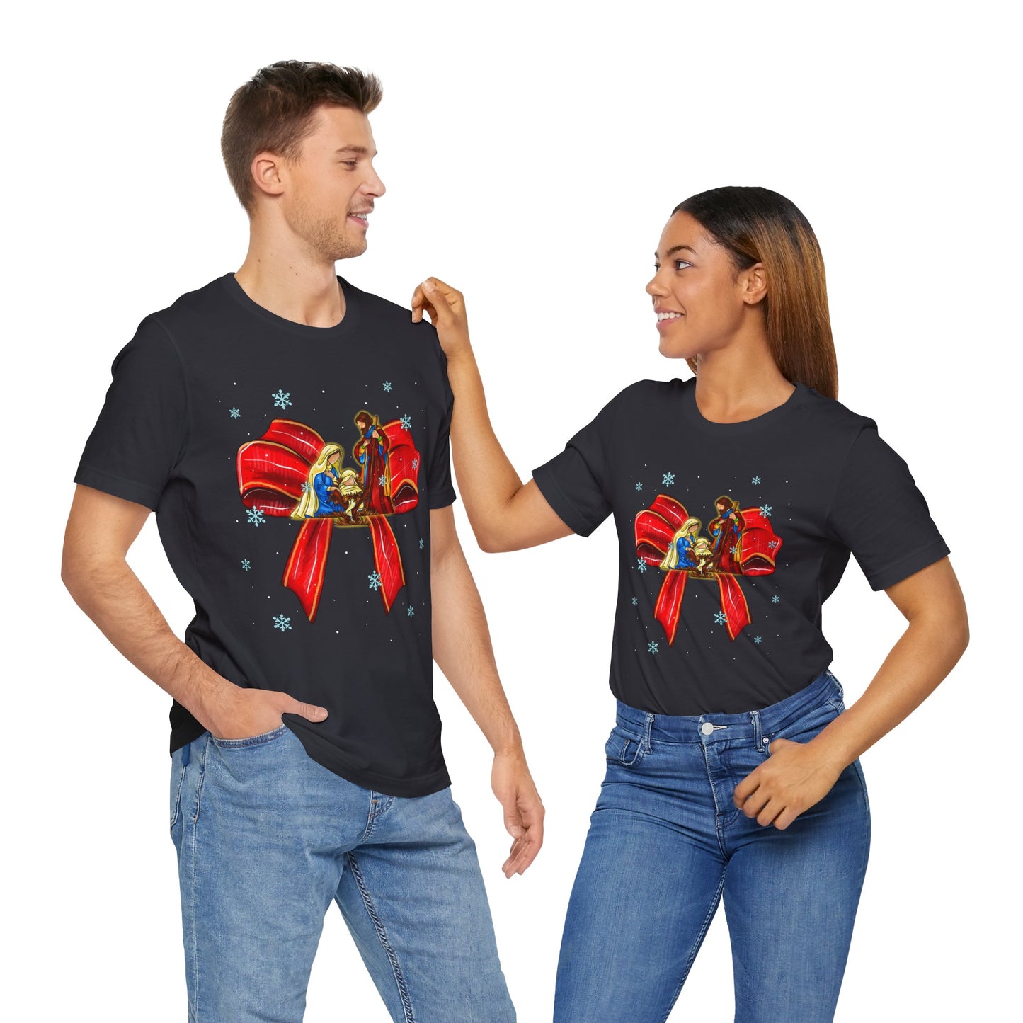 Nativity Scene Christmas Shirt – Coquette Bow Faith Tee, Jesus Holiday Pajama Top
