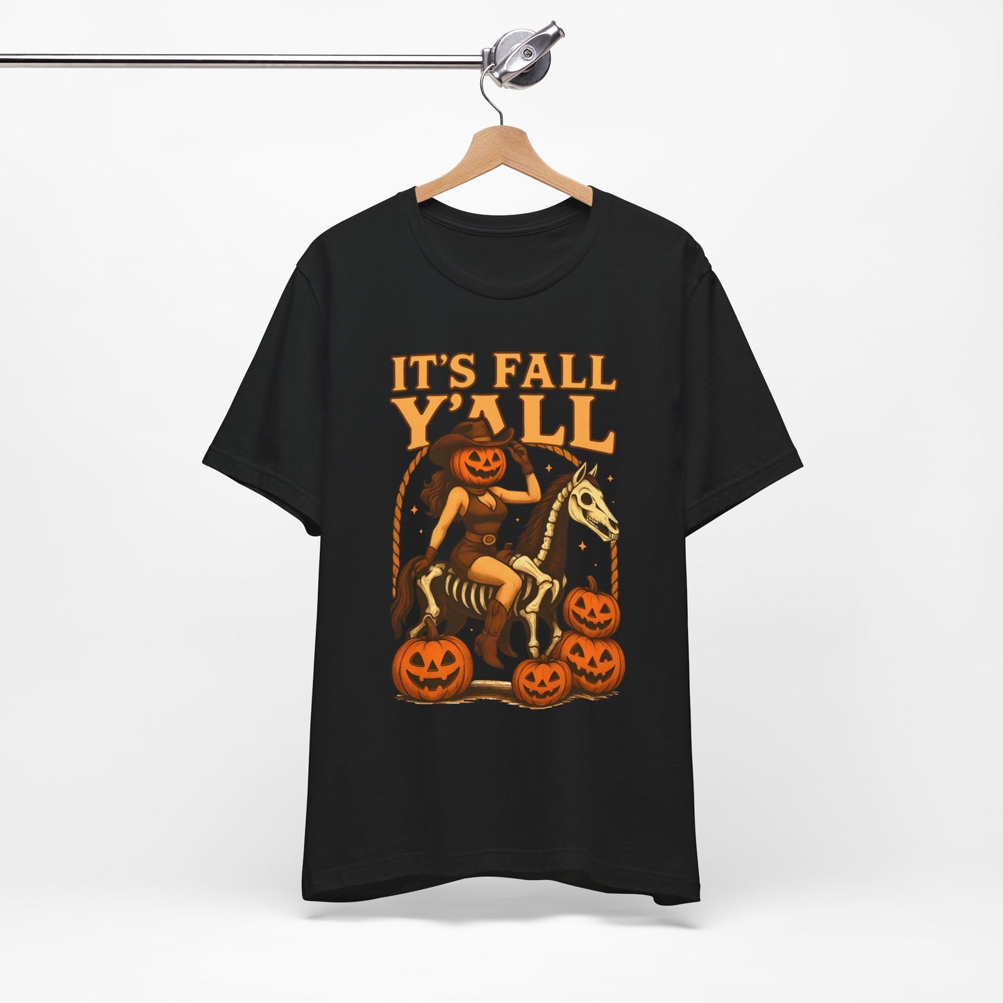 It’s Fall Y’all Shirt – Pumpkin Head Cowgirl Skeleton Horse Western Tee
