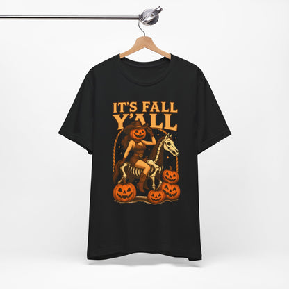 It’s Fall Y’all Shirt – Pumpkin Head Cowgirl Skeleton Horse Western Tee