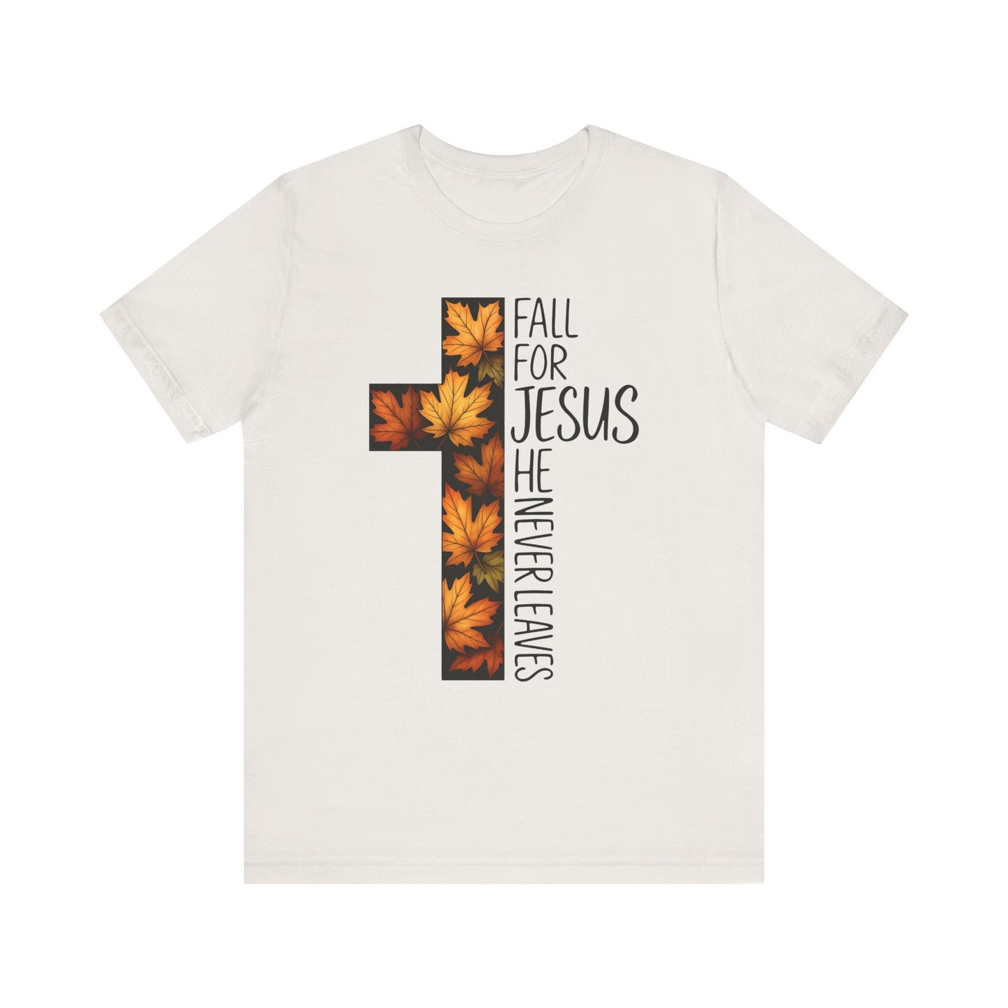Fall for Jesus He Never Leaves Shirt – Retro Christian Cross Thanksgiving Tee