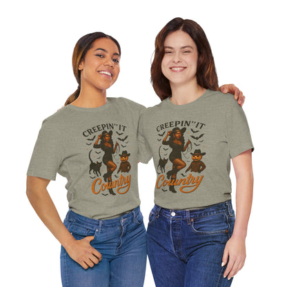 Creepin’ It Country Shirt – Spooky Cowgirl Pumpkin Western Halloween Tee