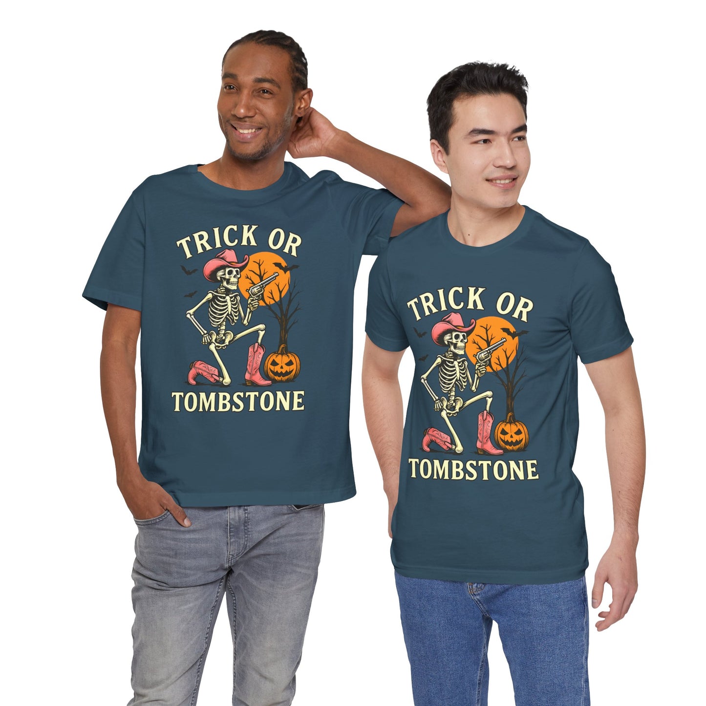 Trick or Tombstone Shirt Funny Skeleton Cowboy Halloween Tee, Spooky Western Rodeo Outfit