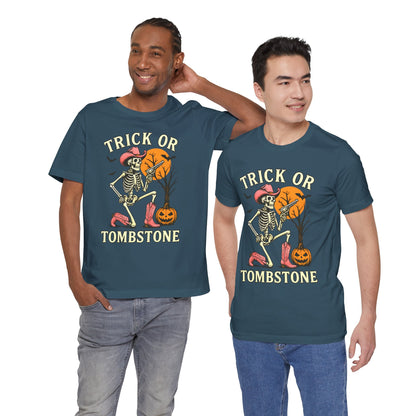 Trick or Tombstone Shirt Funny Skeleton Cowboy Halloween Tee, Spooky Western Rodeo Outfit