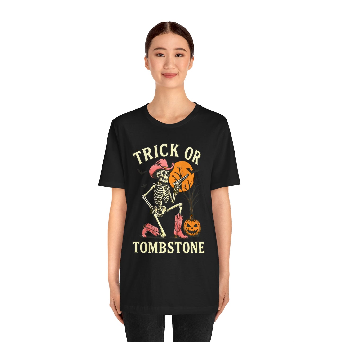 Trick or Tombstone Shirt Funny Skeleton Cowboy Halloween Tee, Spooky Western Rodeo Outfit