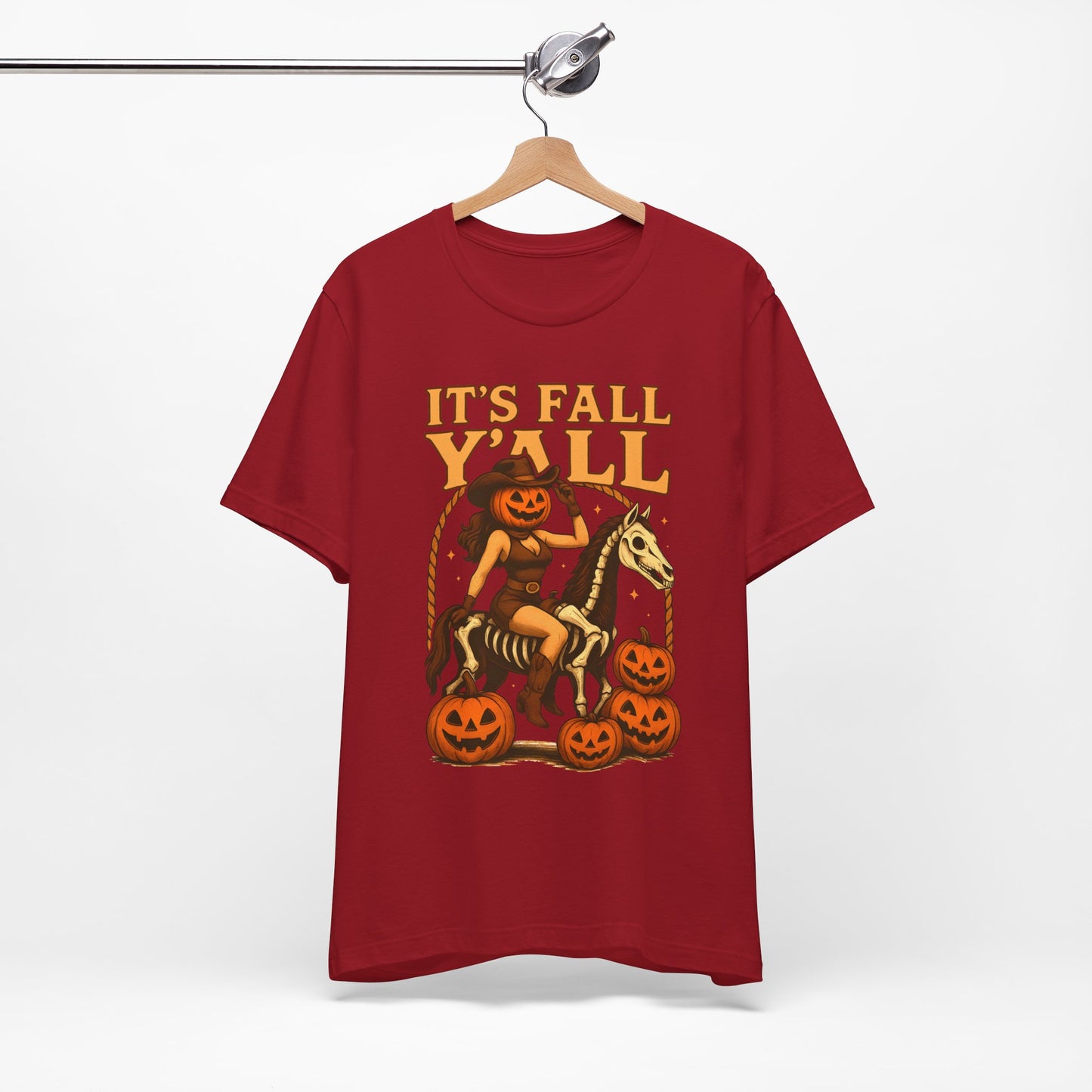 It’s Fall Y’all Shirt – Pumpkin Head Cowgirl Skeleton Horse Western Tee