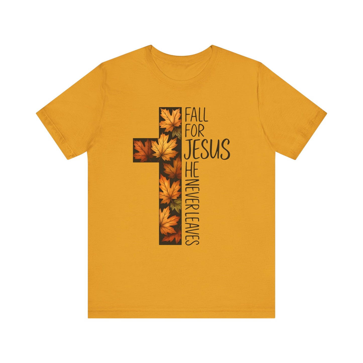 Fall for Jesus He Never Leaves Shirt – Retro Christian Cross Thanksgiving Tee