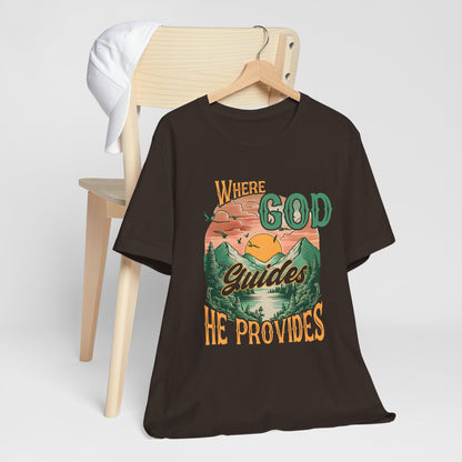Where God Guides He Provides Shirt – Mountain Sunset Retro Christian Tee