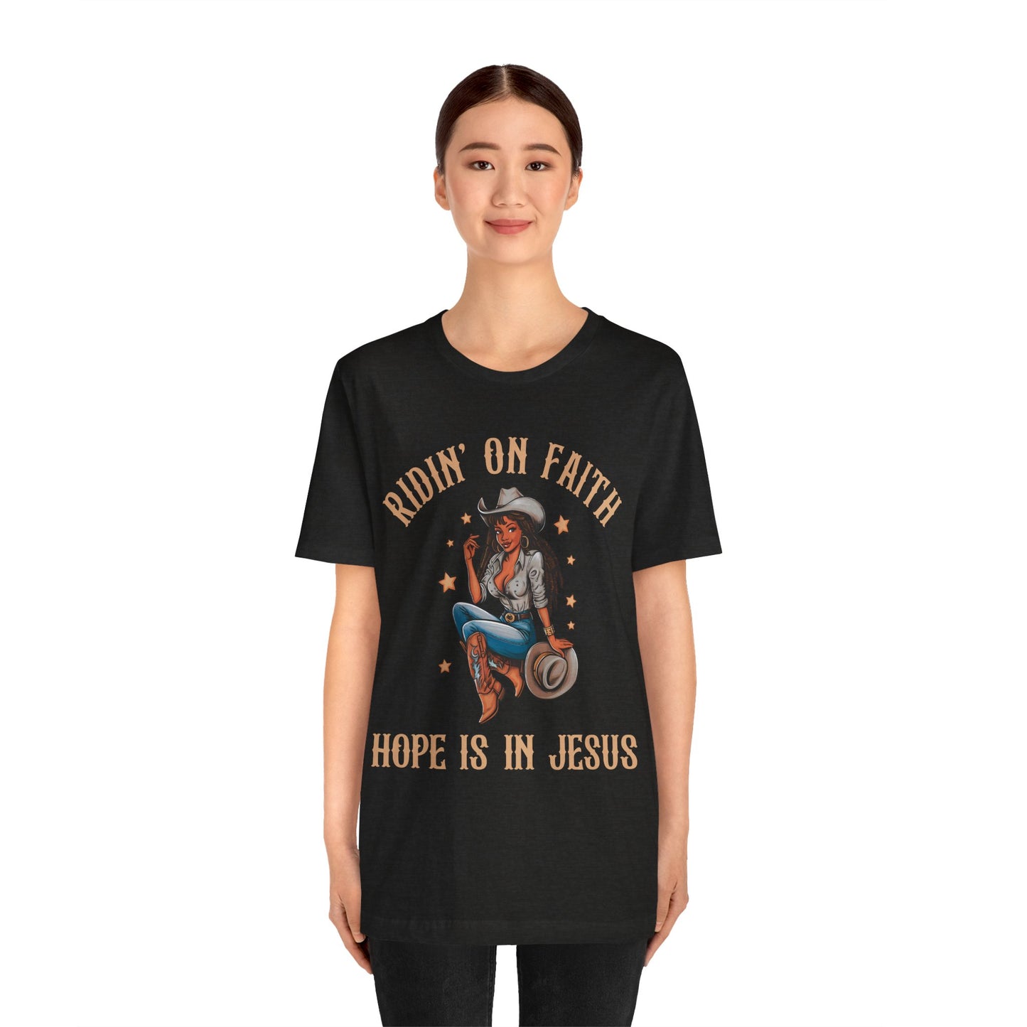Ridin’ On Faith Cowgirl Shirt – Black Christian Western Jesus Tee