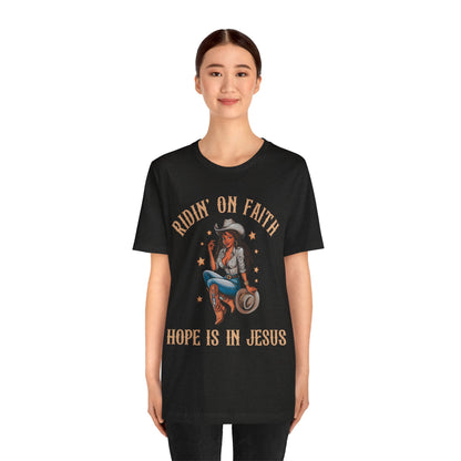 Ridin’ On Faith Cowgirl Shirt – Black Christian Western Jesus Tee
