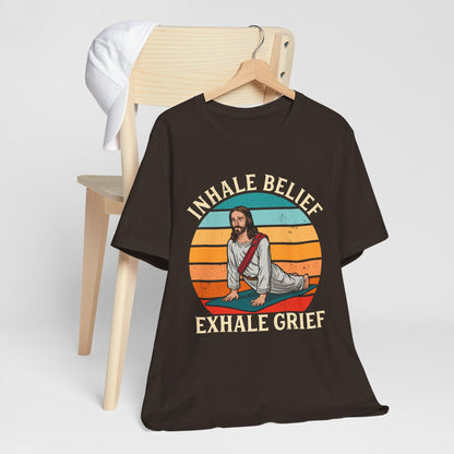 Jesus Inhale Belief Exhale Grief Shirt – Christian Yoga Retro Faith Wellness Tee