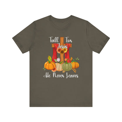 Fall for Jesus He Never Leaves Shirt – Retro Christian Thanksgiving Faith Tee