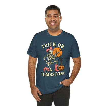 Trick or Tombstone Shirt Funny Skeleton Cowboy Halloween Tee, Spooky Western Rodeo Outfit