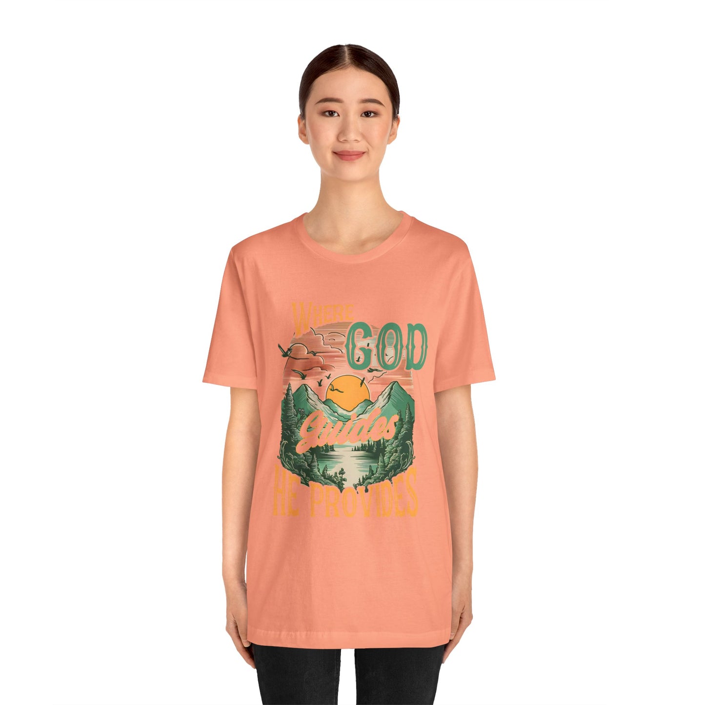 Where God Guides He Provides Shirt – Mountain Sunset Retro Christian Tee