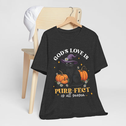 God’s Love Is Purr-fect Shirt – Cute Christian Black Cat Pumpkin Fall Faith Tee