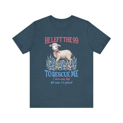 He Left the 99 to Rescue Me Shirt – Christian Lamb Flowers Faith Tee