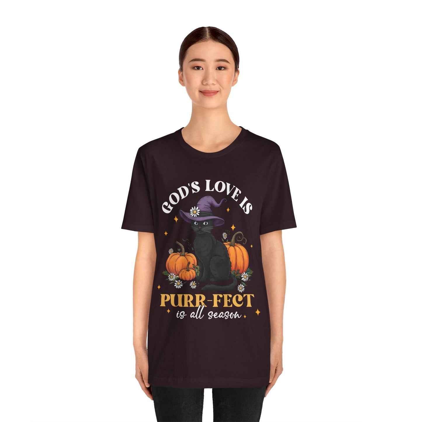 God’s Love Is Purr-fect Shirt – Cute Christian Black Cat Pumpkin Fall Faith Tee