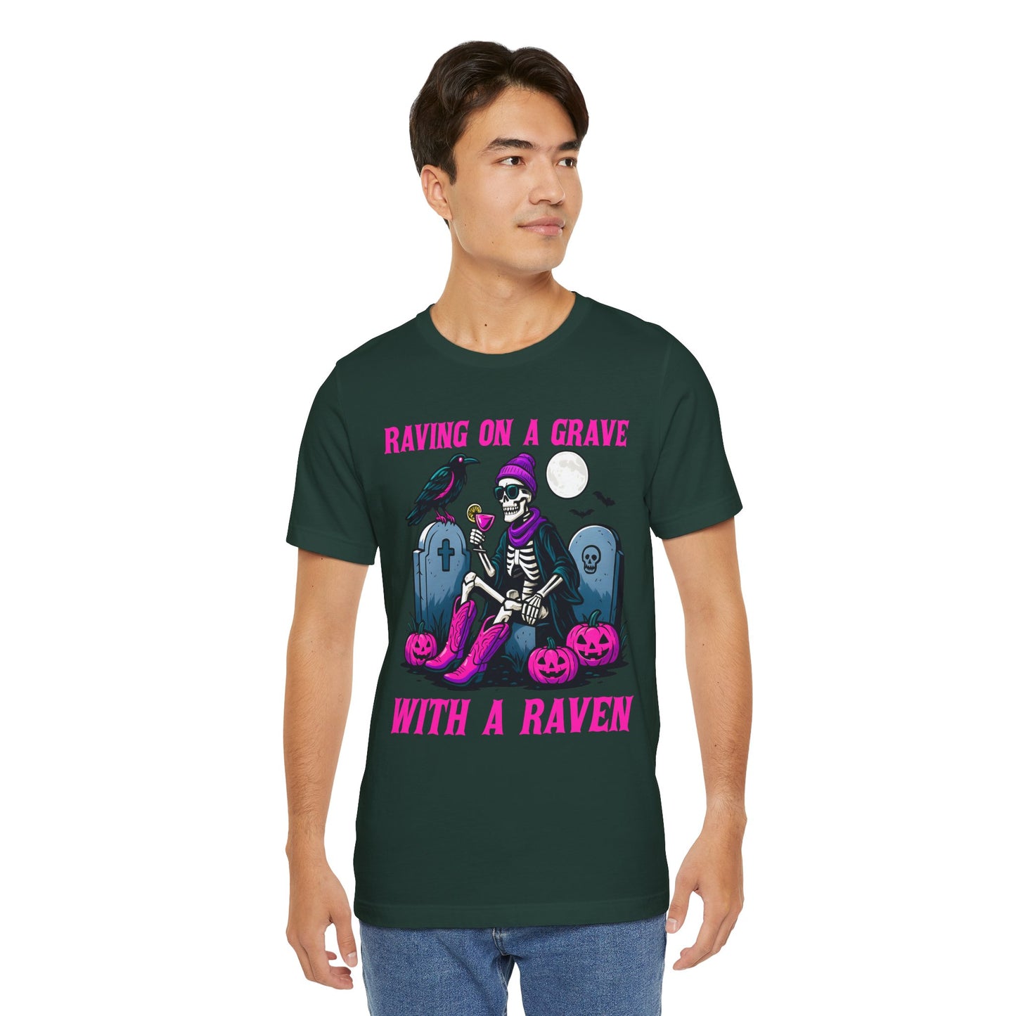 Raving on a Grave Shirt – Halloween Skeleton Raven Gothic Party Tee