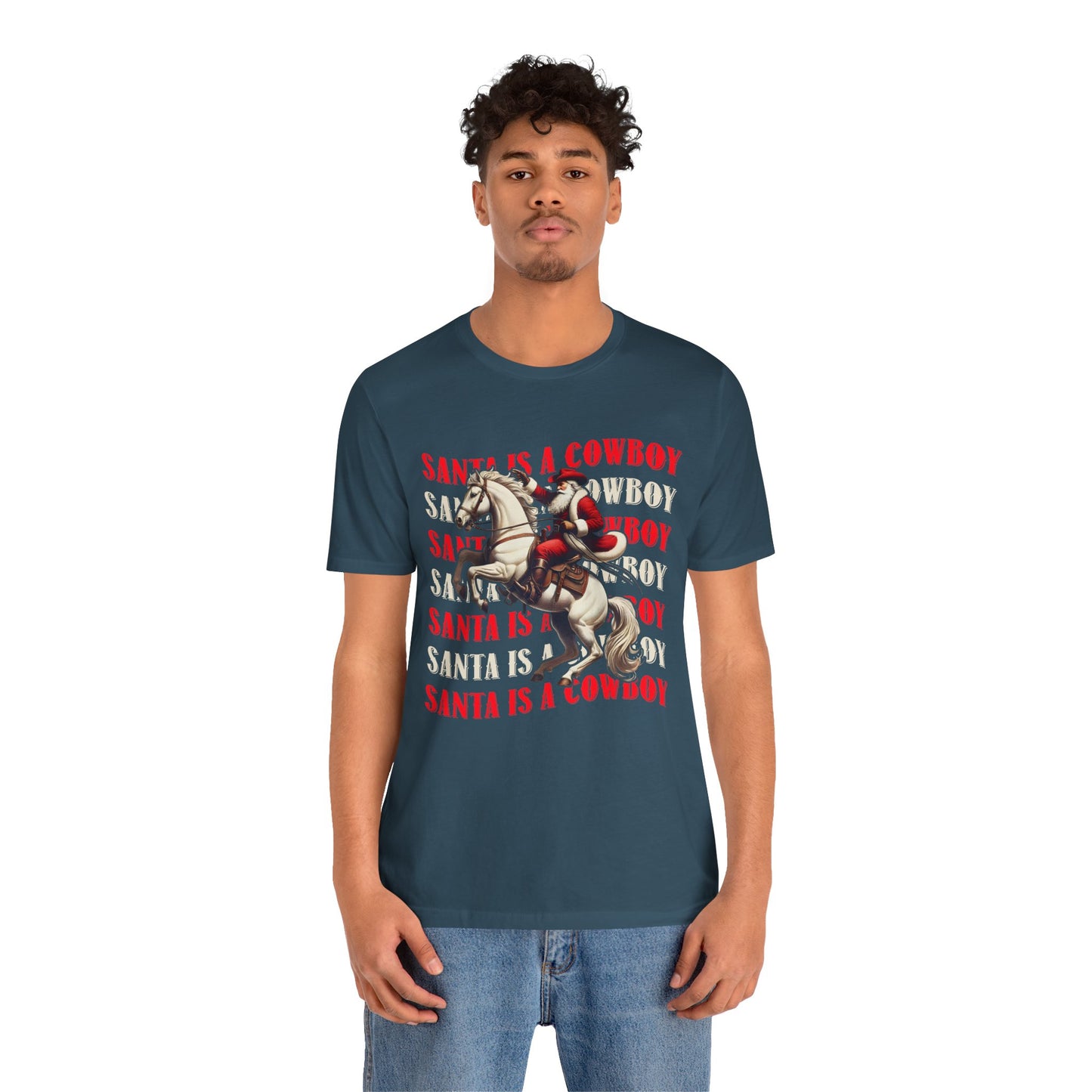 Santa Is a Cowboy Shirt – Western Christmas Tee, Texas Horseback Santa Claus
