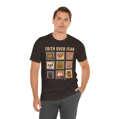 Faith Over Fear Shirt, Christian Halloween Stamp T-Shirt, Religious Spooky Season Tee