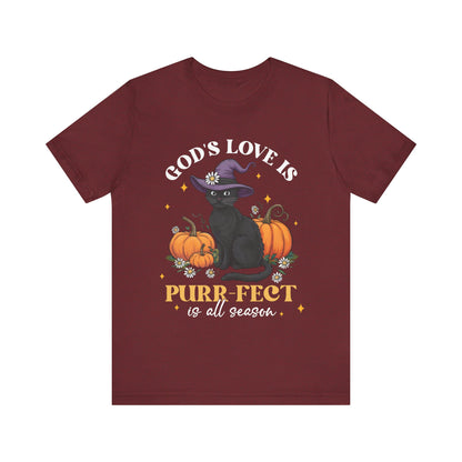 God’s Love Is Purr-fect Shirt – Cute Christian Black Cat Pumpkin Fall Faith Tee